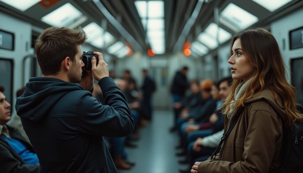 un passager de la ligne h surpris en train de photographier une femme clandestinement dans le métro, une vidéo choc révèle les faits.
