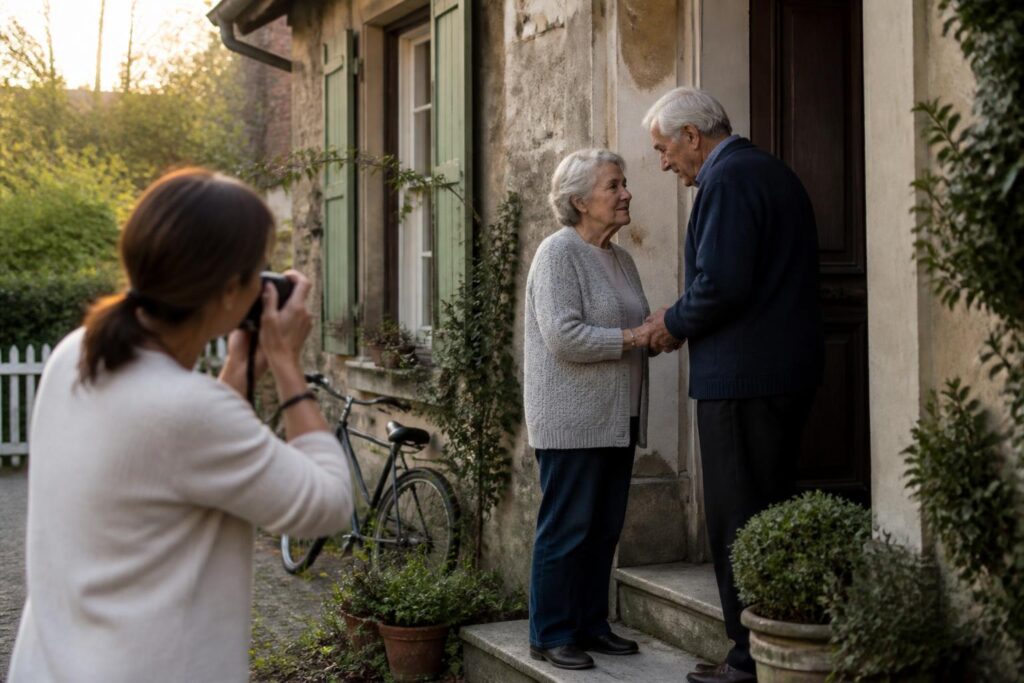 pendant presque 30 ans, elle photographie avec émotion les adieux de ses parents devant leur maison, immortalisant chaque moment poignant de séparation.