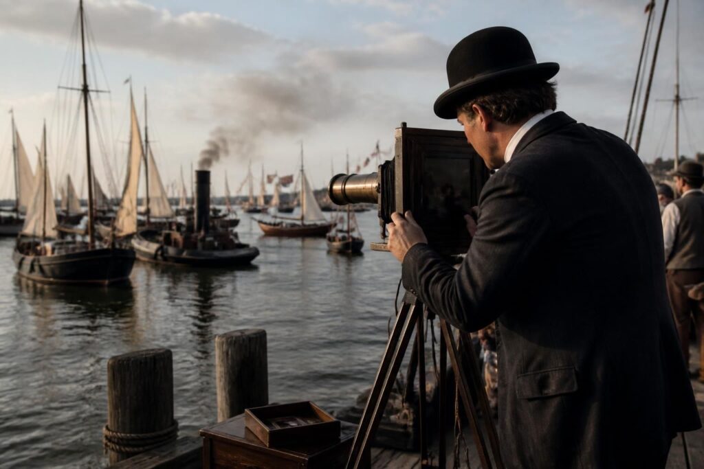 découvrez comment un artisan utilise un appareil traditionnel pour capturer des images des bateaux lors des fêtes maritimes, recréant l'ambiance de 1891.