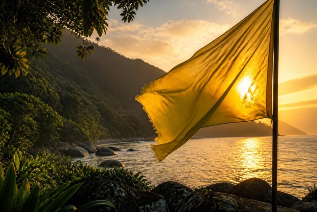 découvrez « ile brésil » de vincent catala, une œuvre captivante où un drapeau jaune à contre-jour dévoile ses mystères et invite à l'exploration de paysages empreints de poésie et d'émotion.